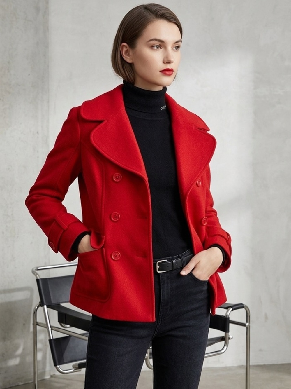 Guess Wool Blend Fully Lined Double Breasted Peacoat Jacket Slip Front Pockets